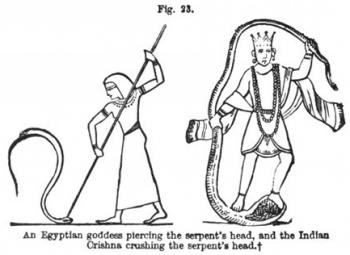 Picture of an Egyptian Goddess and Indian Crishna Crushing the Serpent's Head