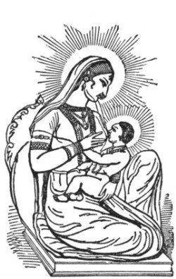 Picture of Hindu Goddess Devaki with the Infant Crishna at her breast