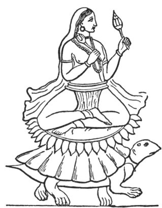 Picture of Indian Goddess Lakshmi sitting in a Lotus Flower carried by a Tortoise